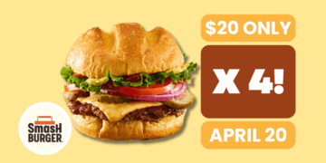 Get 4 Smashburger Singles for $20 on April 20, 2024