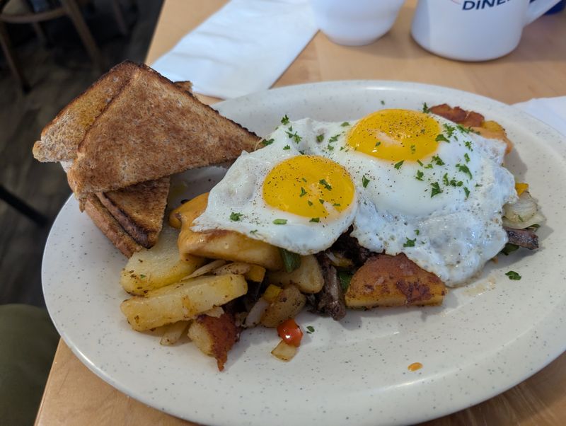 Corned Beef Hash and Cheesy Scrambled Eggs