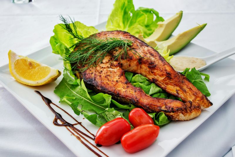 Grilled Salmon with Avocado and Greens