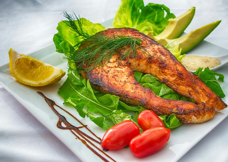 Grilled Salmon Steak with Greens & Avocado