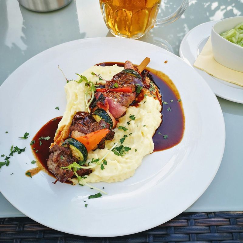 Grilled Steak Skewer with Mashed Potatoes & Demi-Glace