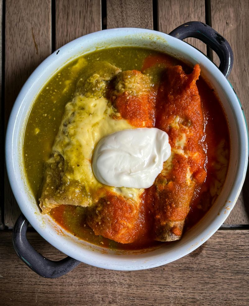 Enchiladas Divorciadas with Crema