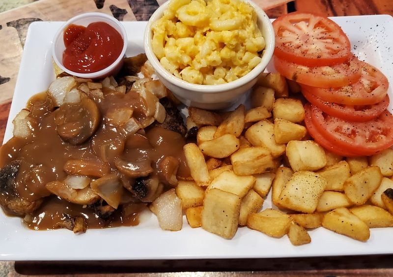 Steak Burger With Mushrooms, Onions, and Gravy