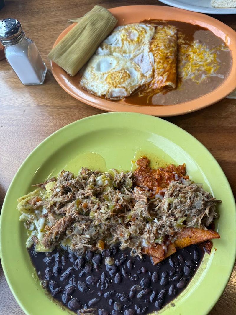 Chilaquiles Divorciados With Machaca and Black Beans