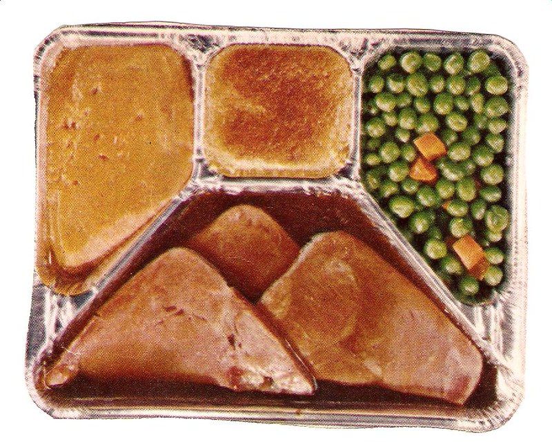 TV dinners on metal trays