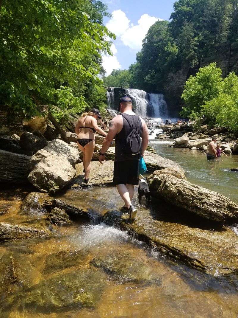 Crossing the Creek to Reach the Falls