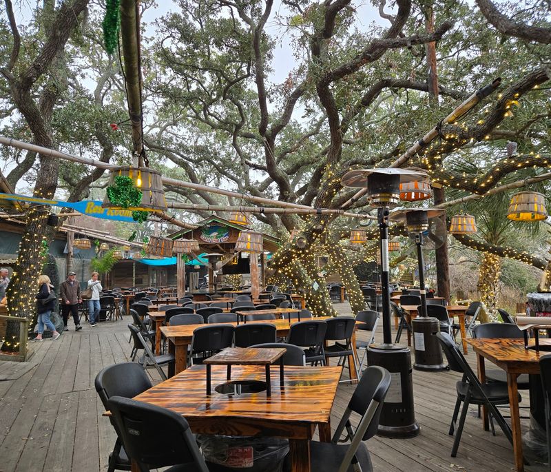 Dining Under Live Oaks Draped in Lights