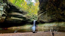 This Illinois Waterfall Spills Into a Shaded Sandstone Canyon at the End of a Rugged, Stair-Stepped Trail